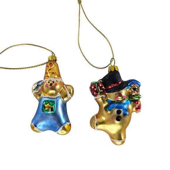 Vintage Blown Glass Gingerbread Snowman Miniature Ornaments Christmas Set of 2 - Picture 1 of 8